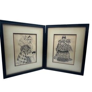 Vintage Orig Ink Drawings Framed Matted 1943 Ethel Trebits cultural garment Folk